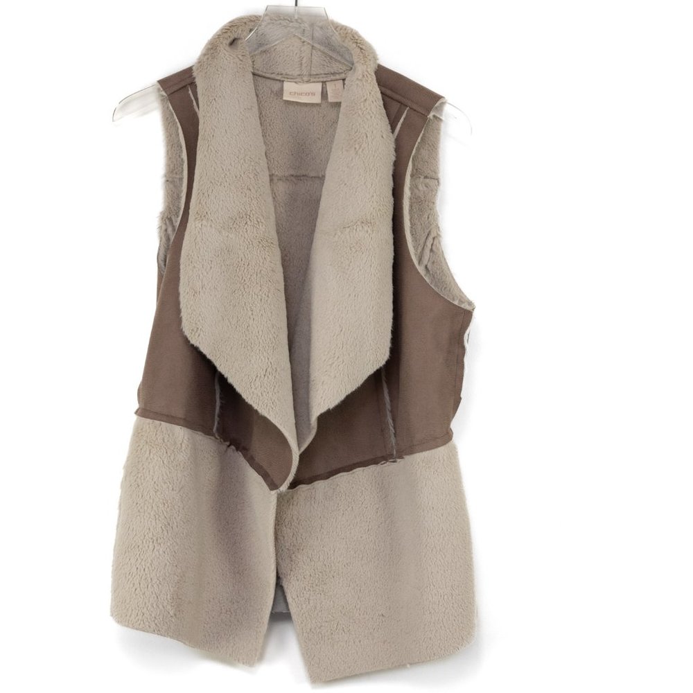Chico's Faux Shearling Vest Open Front Comfy Soft Outerwear Tan Size 1 Medium - Picture 2 of 7